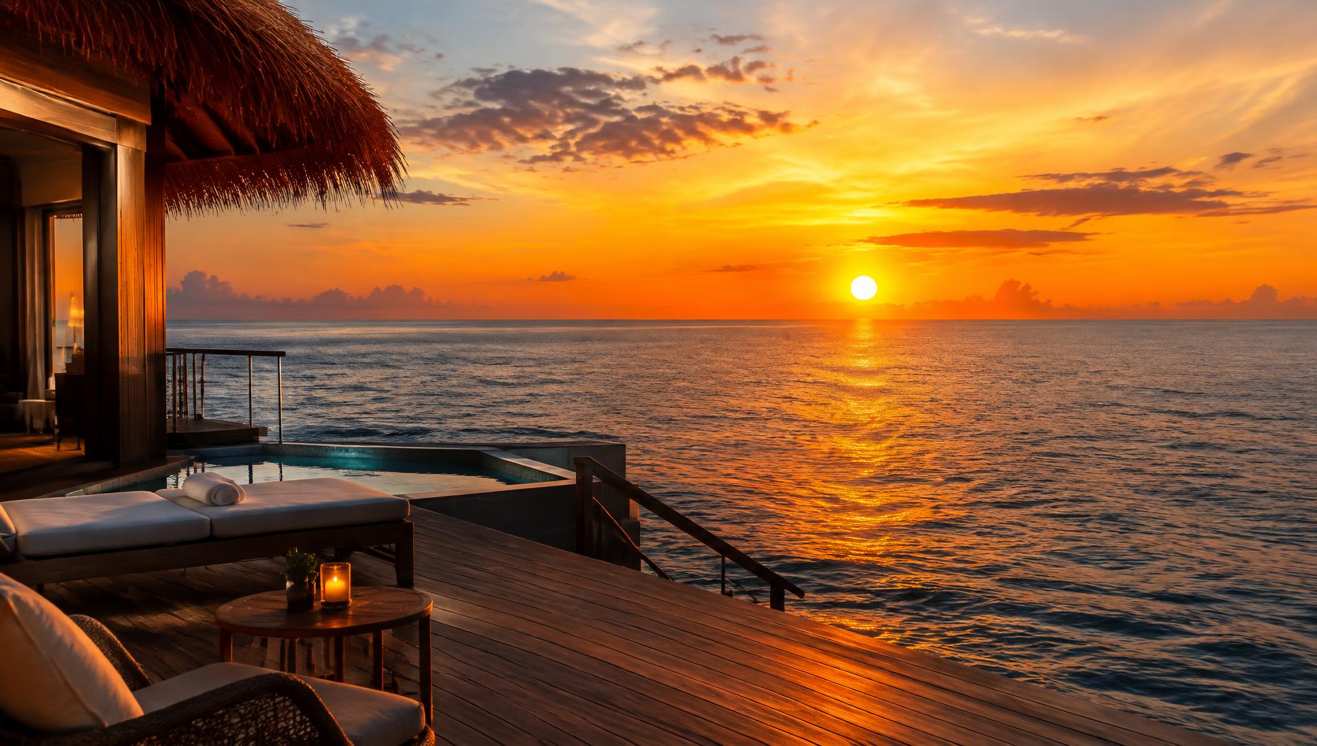 Overwater villa deck facing the ocean at sunset