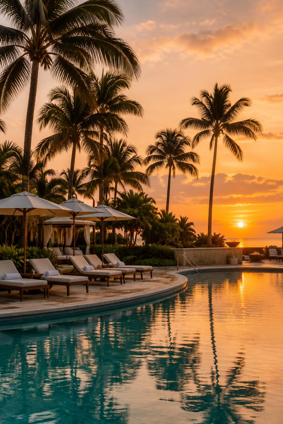 Resort pool framed by palms at golden hour